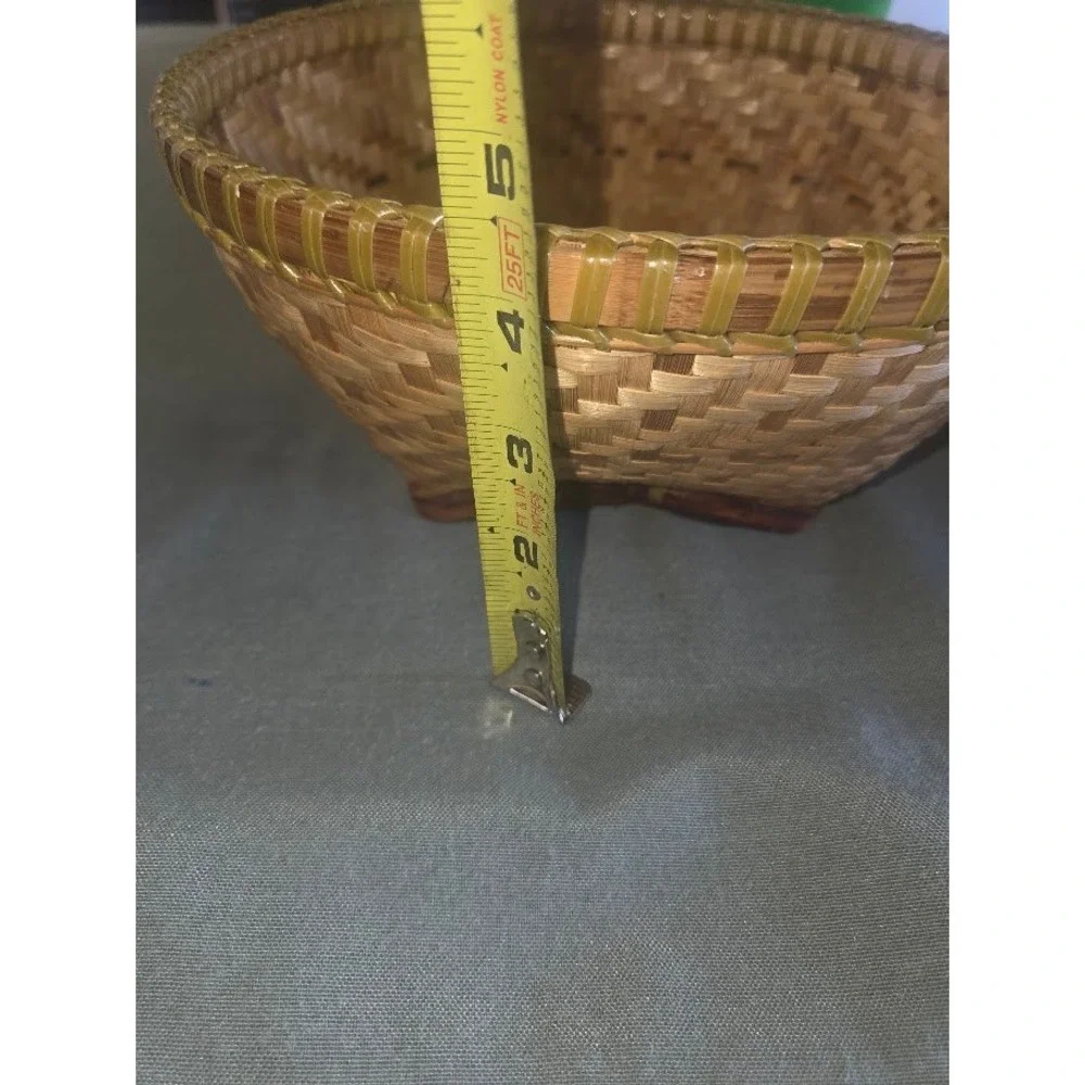 Vintage Hand Woven Bamboo Basket Round Fruit Bowl Boho Decor